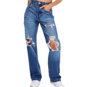 Aeropostale Women's High-Rise Distressed Straight-Leg Jeans - Blue